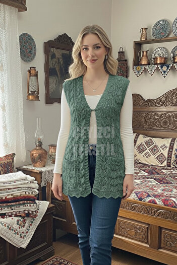 Çt Çeyizci Tekstil Special Design Oyster Vest, Dowry Vest Water Green