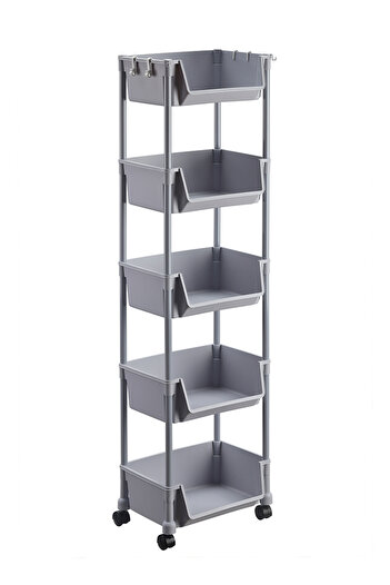Lawazim Movable Bookshelf Storage 5 Layer - Rolling Cart with Wheels Bins and Side Hooks Gray