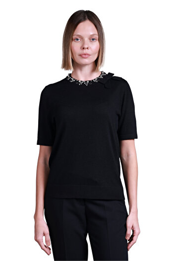 Sempre Minimalist Pearl Detailed Women's Sweater - Short Sleeve
