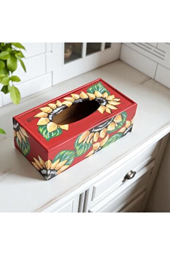 Decoratiuni Vintage Casa Retro Cutie din lemn pentru servetele, pictata manual, floarea soarelui, 13 x 25 cm