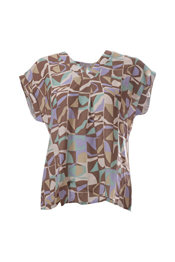 CNL Collection Canel V-Neck Short Sleeve Oversize Minimalist Women's Blouse - Geometric Pattern