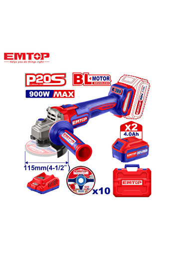 EMTOP 20V Cordless Angle Grinder and Sander - Brushless Motor + 2 x 4.0Ah Batteries and Charger