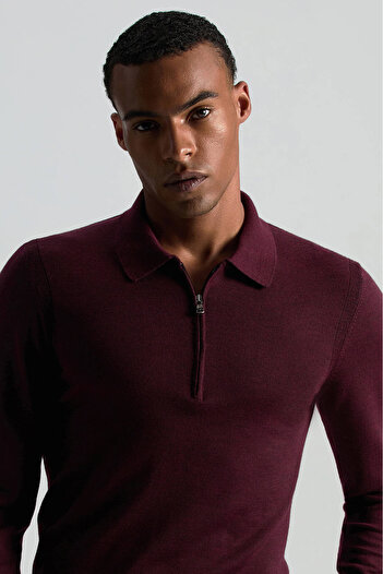 Hemington Merino Yün İpek Karışım Polo Yaka Yarım Fermuarlı Bordo Triko