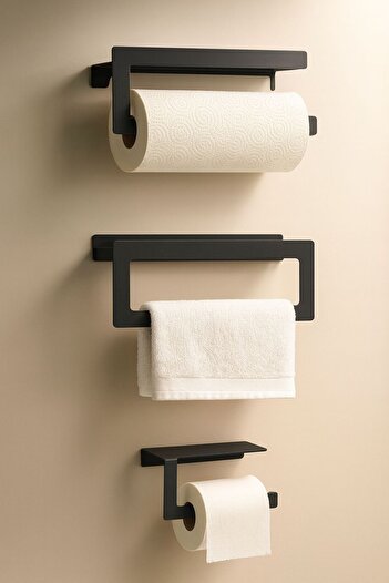VENON Black 3-Tier Modern Metal Shelf Bathroom Towel Rack Towel Holder Toilet Paper Holder