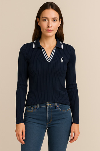 meday Clothing Women's Polo Neck Striped Detailed Sweater