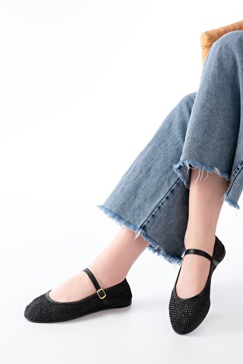 Budi 7432 Black Mesh Buckle Detailed Daily Women's Ballerinas