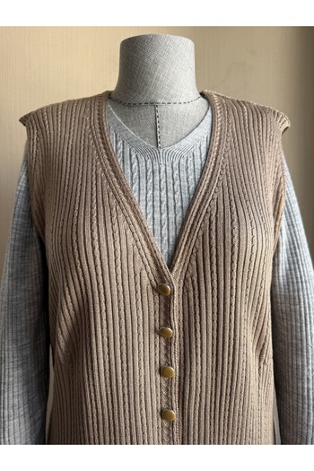 TİRİTEK Mercerized Modern Hair Knit Single Knit Long Mother Vest / Milky Coffee