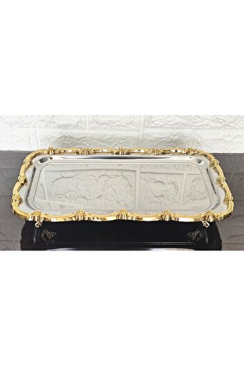 atabey home 2'Lİ AYAKLI SUNUM TEPSİSİ & BATON PASTA SERVİSİ ÇELİK TEPSİ DÖKÜM GOLD ÇERÇEVE 32 CM