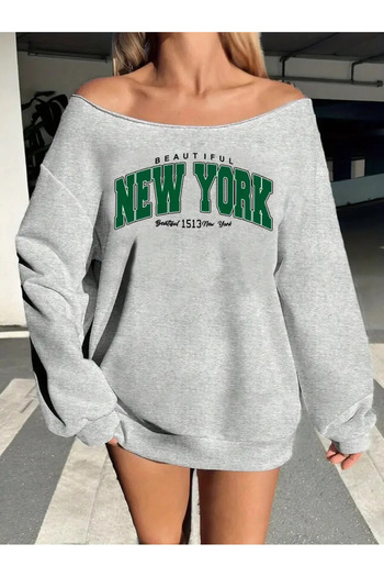 AEMİ Women's New York Printed Boat Neck Sweatshirt