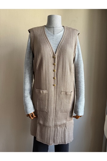 TİRİTEK Mercerized Modern Hair Knit Single Knit Long Mother Vest / Milky Coffee