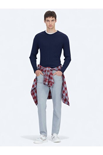 Kip Navy Blue Crew Neck Jacquard Knitwear Sweater