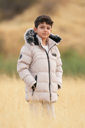 FREE ARSLAN COLLECTİON Boy's Inflatable Water Repellent Black Children's Coat with Plush Fur Inside and Detachable Hood