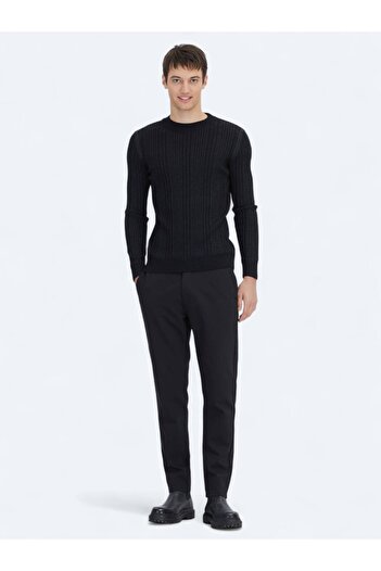 Kip Black Crew Neck Jacquard Wool Blend Sweater
