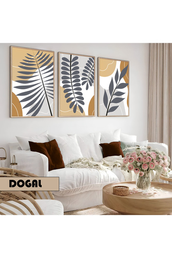 Harikabirev Children's Room Living Room-Minimalist Modern Bohemian Design Leaves X1 | Wooden Framed 3-Piece Mdf Ahmdf