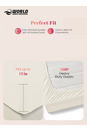 Eworld 3-Piece Cream Cotton Fitted Bedsheet Set with Deep Pocket & 2 Pillow Covers, Single Size
