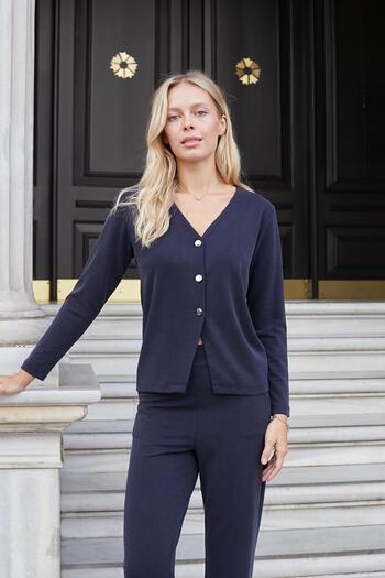 Jument Women's Flexible Silky Modal Fabric V-Neck Long Sleeve Buttoned Jacket-Navy Blue