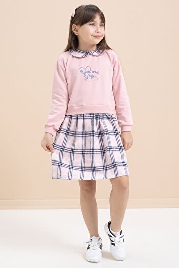 Cansın Mini Pink Girl's Text Printed Plaid Patterned Dress 21543