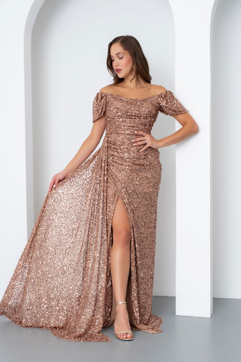 Lafaba Women's Gold Sequin Embroidered Long Evening Dress