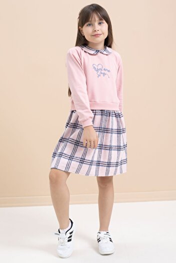 Cansın Mini Pink Girl's Text Printed Plaid Patterned Dress 21543