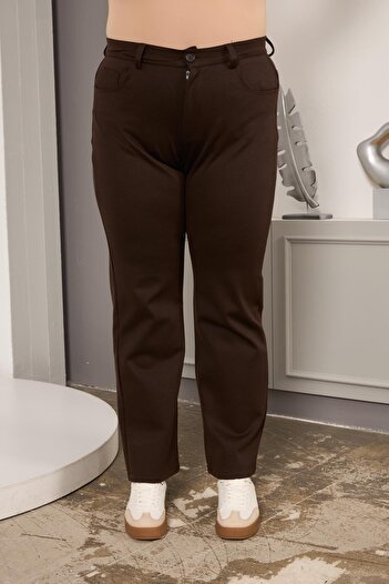 RMG Plus Size Pipe Leg Steel Knitted Trousers Brown