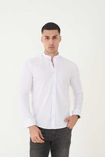 jack carisma White Judges Collar Lycra Linen Cotton Slim Fit Shirt