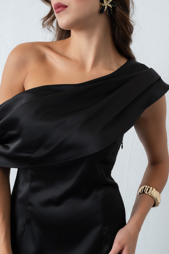 Lafaba Women's Black Satin Dress with Flounce Collar