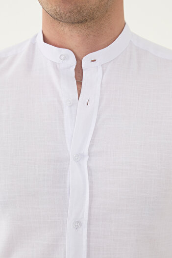 jack carisma White Judges Collar Lycra Linen Cotton Slim Fit Shirt