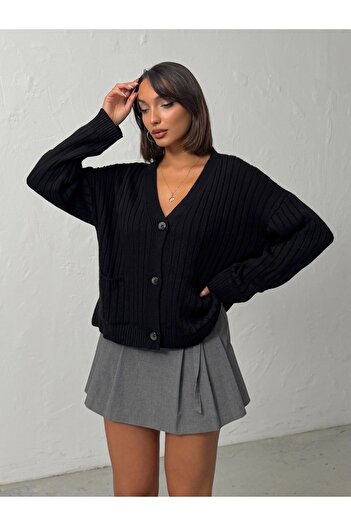BEJNA Women's Black V-Neck Buttoned Pocketed Ribbed Knit Cardigan