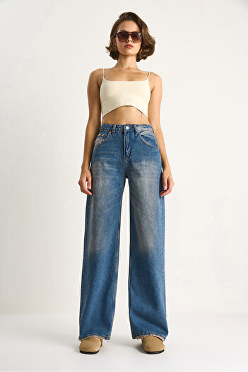 Bianco Lucci Women's High Waist Faded Effect Loose Fit Denim Pants 5291 60284087