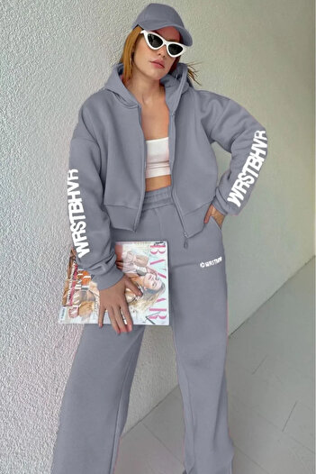 AEMİ Women's WRSTBHVR Printed Oversize 3 Thread Cardigan Tracksuit Set