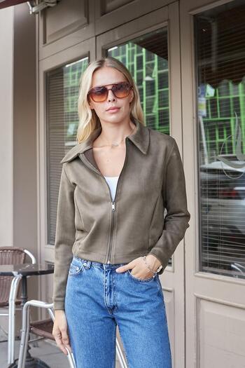 Jument Women's Lightweight Lycra Suede Fabric Collared Zippered Short Jacket with Elastic Back and Pockets - Khaki