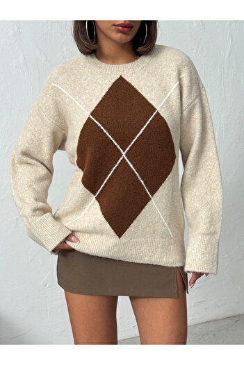 BEJNA Women's Beige Diamond Patterned Comfortable Fit Knit Sweater