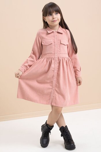 Cansın Mini Pink Girl's Velvet Patterned Dress with Pocket Detail 21546