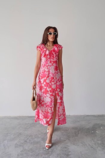 hedef giyim Ruffle Detailed Slit Floral Dress
