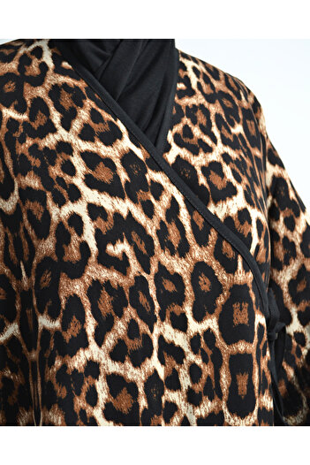 Bilenler Leopard Print Double Breasted Prayer Dress – 100% Viscose, Side Tie, Sizes 36-46