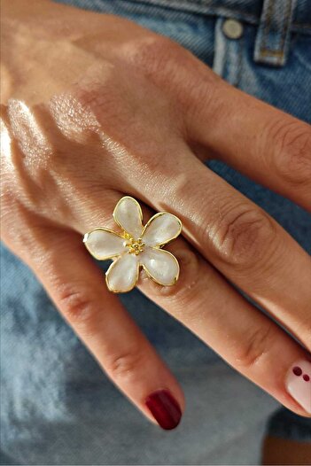 KYOLA DESİGN White Petal Flower Gold Women's Ring (3cm)