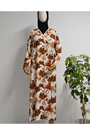 Bilenler Leaf Patterned Double Breasted Prayer Dress – 100% Viscose, Side Tie-Up, Sizes 36-46