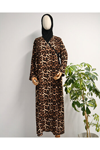 Bilenler Leopard Print Double Breasted Prayer Dress – 100% Viscose, Side Tie, Sizes 36-46