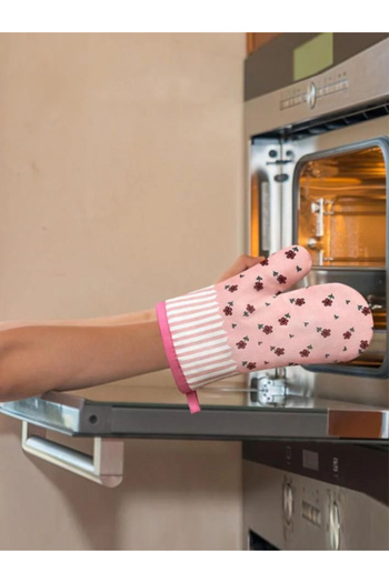 dorbe Floral Pink Heat-Resistant Oven Mitt Quilted Cotton Kitchen Glove With Hanging Loop - One Piece