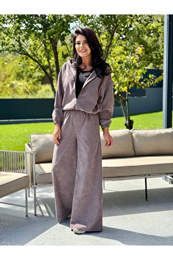 RAMONA BADESCU EXCLUSIVE Women's two-piece ribbed velvet suit - zippered jacket and wide-leg pants