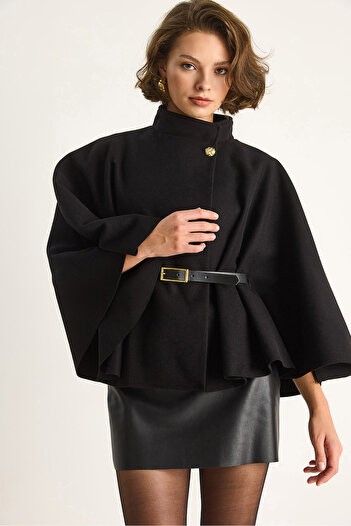 Bianco Lucci Women's Gold Button Detailed Belted Poncho 2712 60261570