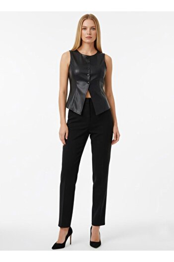 Grenj Fashion Black Fitted Buttoned Faux Leather Vest