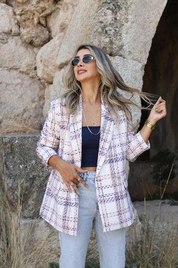 bytugcekaya Ecru Pink Checkered Double-Breasted Blazer