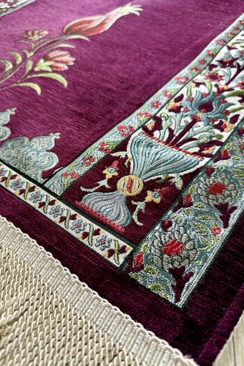 MUSK STORE Tulip Design Luxury Quilted Chenille Fabric Prayer Mat 115X66 Cm. 800g. Bordeaux