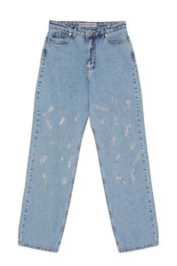 NEWCO Stone Detailed Wide Leg Denim Trousers Blue