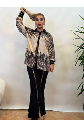 Yeşilmoda Evening Dress Set Stone Embroidered Satin Shirt Stone Detailed Black Crepe Spanish Flared Pants Stylish Two Piece