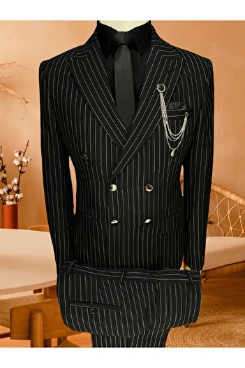 A33A Slim Fit Double Breasted Suit Striped
