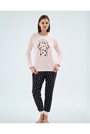 ZEYZEY 8892 Black and Pink Heart Patterned Elastic Cuffed Pajama Set'Mother and Daughter Combination Can Be Made'