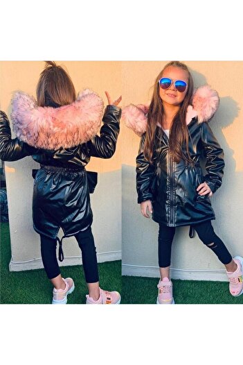 muzur r kids muzur r kids Genuine Imported Fur Hooded - Plush Inside - Winter Girls' Outer Leather Black Coat