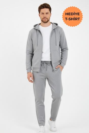 mmetalic Gray Hooded Regular Fit Cardigan Straight Leg Men's Tracksuit Set